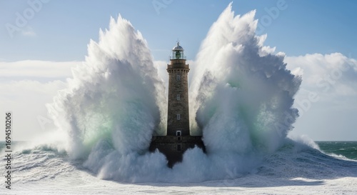 Powerful ocean waves crashing against a solitary lighthouse on a sunny day