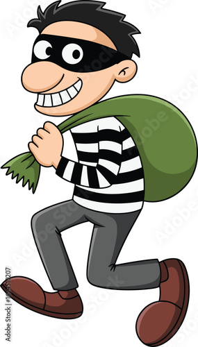 Cartoon burglar running, thief character with mask, striped shirt, green sack, funny vector illustration, crime escape, mischievous pose, comic style