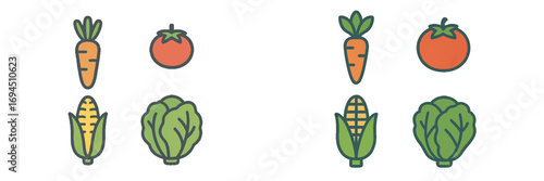 Vegetable icon set featuring carrot, tomato, corn, and lettuce in a clean flat line art style for healthy eating and nutrition