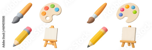 Creative hobby and art supplies with paintbrush, artist palette, drawing pencil, and painting easel on white background