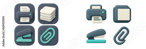 3D office supply icon set with printer, paper stack, stapler, and paperclip symbols for business applications and user interface design