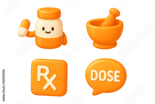 Set of 3D pharmacy icons with cute pill bottle character, mortar and pestle, Rx prescription symbol, and dose speech bubble