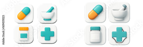 3D medical icon set with capsule pill, mortar and pestle, medicine bottle, and pharmacy cross symbol for healthcare and pharmaceutical design