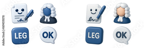 Legal and justice themed 3D icon collection with a judge avatar, document signature, and agreement symbols for law concepts