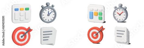 Business and productivity icon set with stopwatch, target, and schedule symbols for effective time management and strategic goal setting