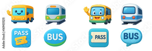 Cute public transport icons set with cartoon buses and trains, travel passes, and bus sign graphics