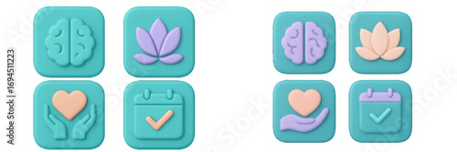3D mental health and wellness icon set with brain, lotus, and heart symbols for self-care app user interface design