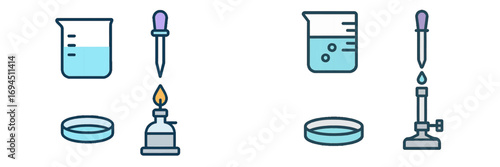 Science laboratory equipment icon set featuring a beaker, pipette, Bunsen burner, and petri dish for chemistry research and experiments