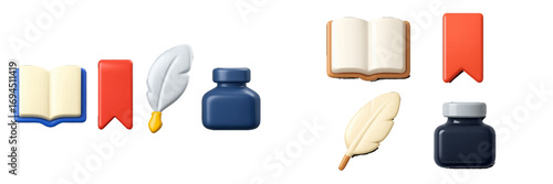 Writing and reading tools: open book, quill pen, inkwell, bookmark for education or literature