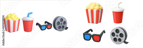Cinema and movie night icon set with popcorn, soda drink, 3d glasses, and film reel for entertainment concepts