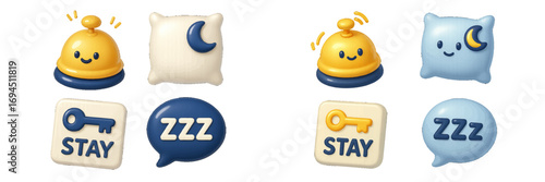 Cute 3D hotel and sleep symbols: reception bell, pillow, room key, and zzz speech bubble for booking and accommodation