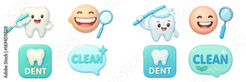 Cute dental care icon set with happy tooth characters brushing teeth and smiling emoji with clean white smile