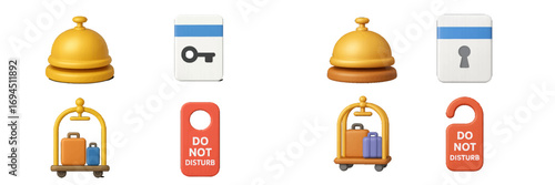 3D hotel service icon set with reception bell, luggage cart, electronic key card, and do not disturb door hanger sign isolated on a white background
