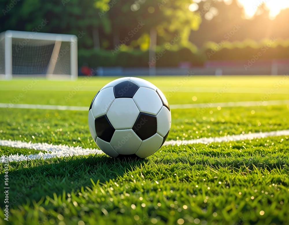 Fototapeta premium Close-up of a soccer ball on green field.