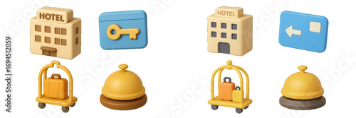 Stylized hotel and hospitality service icons for travel and accommodation concepts with a building, room key, luggage cart, and reception bell