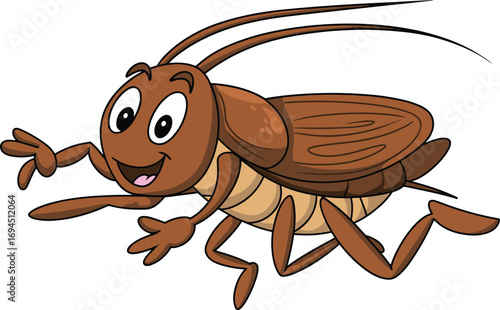 Cartoon cockroach, funny insect character, vector illustration, playful bug design, kids clipart, smiling roach, animated pest, cute creepy crawler