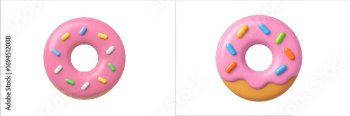 Close-up of a sweet pink glazed donut with multi-colored sprinkles, an indulgent pastry dessert isolated on a simple white background