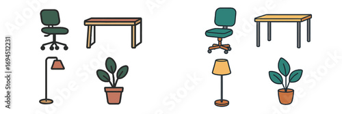 Modern home office furniture collection with ergonomic chair, minimalist desk, standing lamp, and houseplant icons for interior decoration