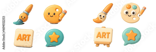 Cute 3D art and creativity icon set with kawaii characters like a paintbrush, paint palette, pencil, and easel