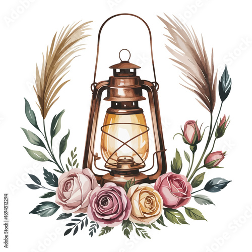 A lovely watercolor illustration of a boho lantern surrounded by roses and pampas grass, elegant rustic tones, centered composition, against white background.