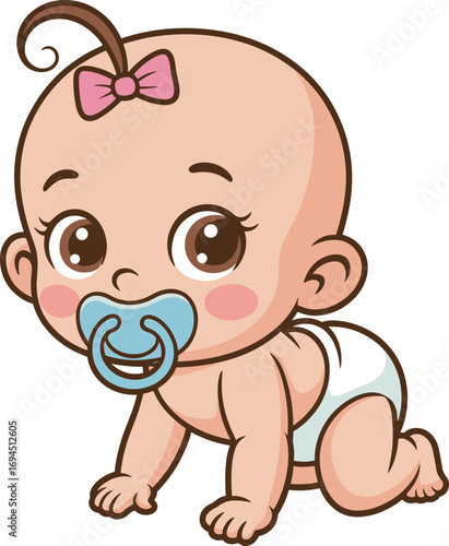 Cartoon crawling baby girl, blue pacifier, pink bow, diaper, cute infant character, vector illustration, childcare theme, early childhood design