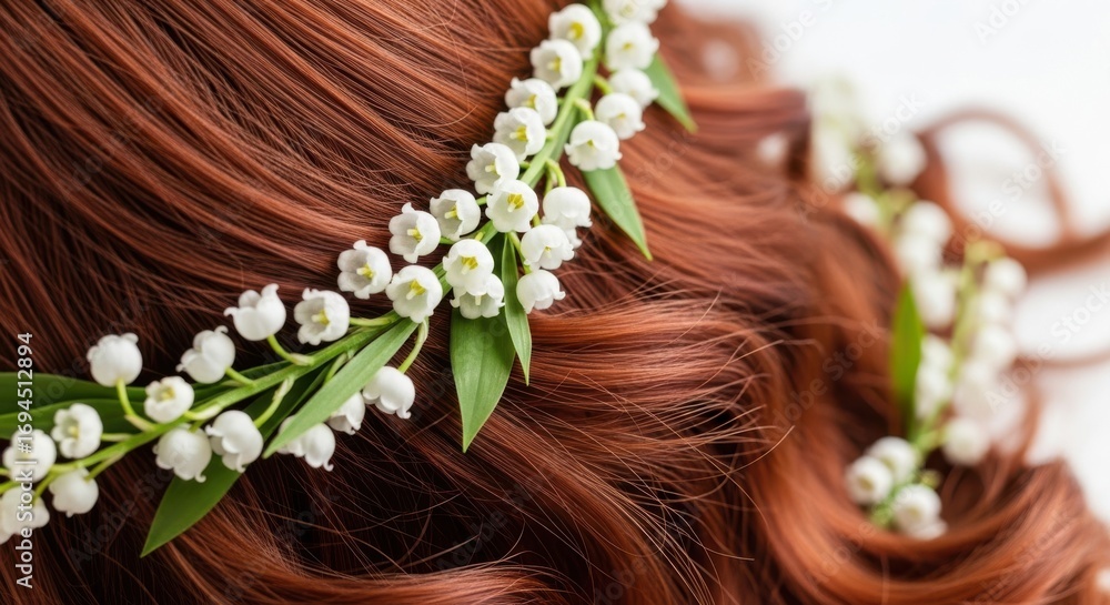 Naklejka premium Delicate Lily of the Valley Flower Crown Adorning Rich Auburn Hair