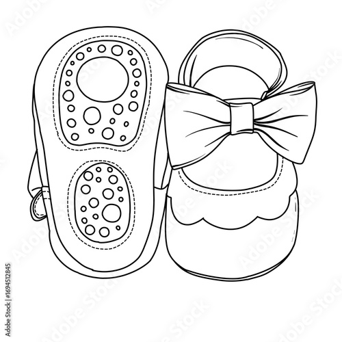 Black and white line drawing of baby girl shoes. Features a bow detail on the upper part of the shoe and a soft sole with textured circles. Simple design, suitable for coloring or printing.