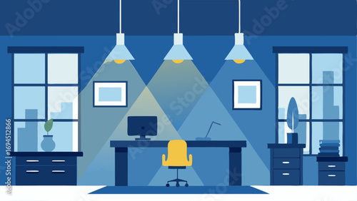 Flexible Lighting Options Illustration of an office with various light sources including soft lamps and natural sunlight streaming through large windows highlighting the importance