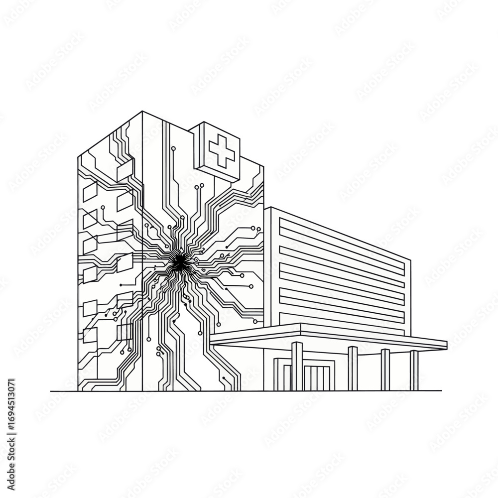 Fototapeta premium Modern Hospital Building with Circuit Board Design.