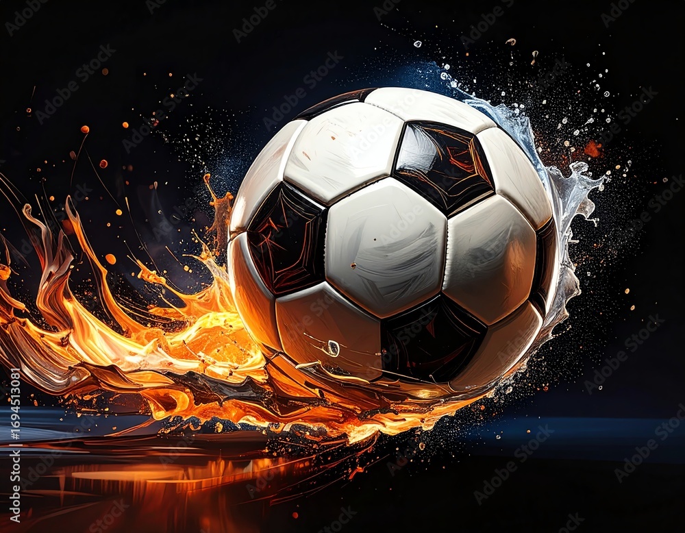 Fototapeta premium Dynamic soccer ball in fiery action.