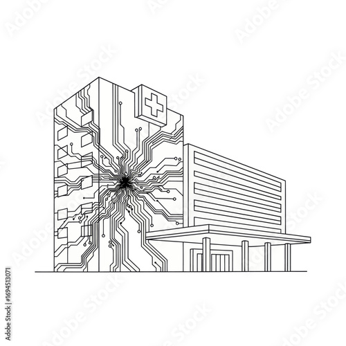 Modern Hospital Building with Circuit Board Design.