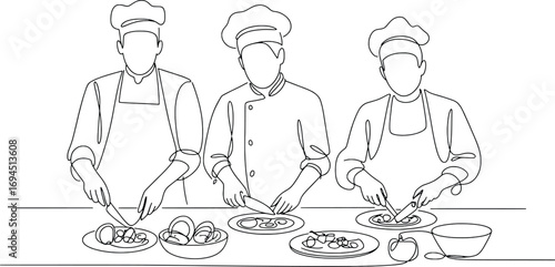 Three chefs preparing food together in a kitchen line art sketch style