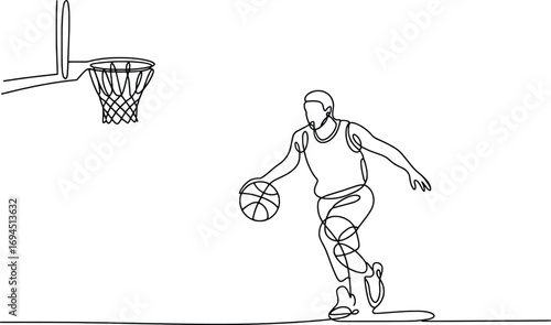 Dynamic basketball player dribbling under the hoop in simple line art style