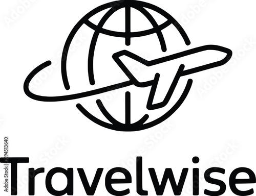 Travelwise logo airplane orbiting globe global travel concept modern simple design