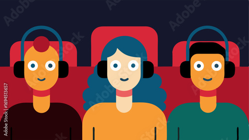 Audience with Ear Protection A vector of individuals in a theater wearing stylish headphones or earplugs looking relaxed and content while watching a movie signifying the reduced
