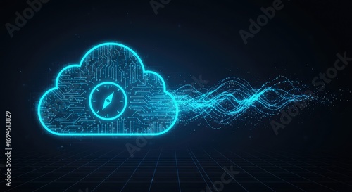 Futuristic cloud computing concept showing a digital cloud with a compass for navigation and data streaming.