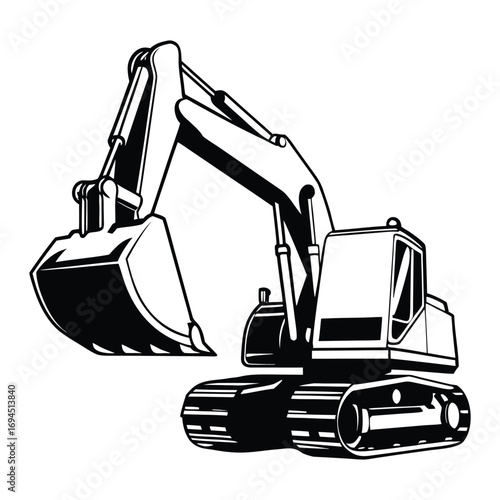 Black and white illustration of a tracked excavator with a large bucket construction machine