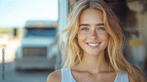 Smiling long
haired young female driver is standing in front of a truck. Horizontally. Free Download Smiling long
haired young female driver is standing in front of a truck. Horizontally. - GFXLoad