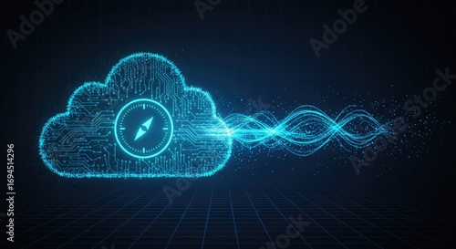 Digital cloud with a compass inside, emitting glowing blue waves and particles against a dark background.
