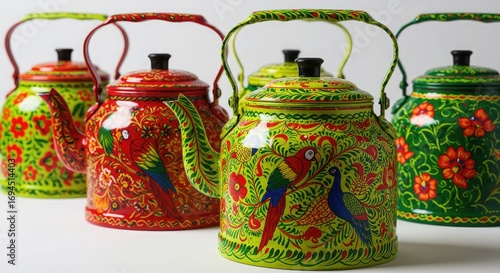 Hand-painted metal tea kettles with vibrant floral and bird designs.