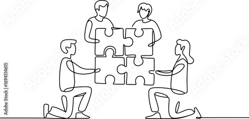 Teamwork and collaboration concept with people assembling a puzzle together seamless line art