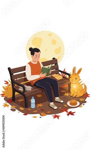 Person reading on a park bench with a rabbit lantern and moon, surrounded by autumn leaves, celebrating Mid-Autumn Festival.