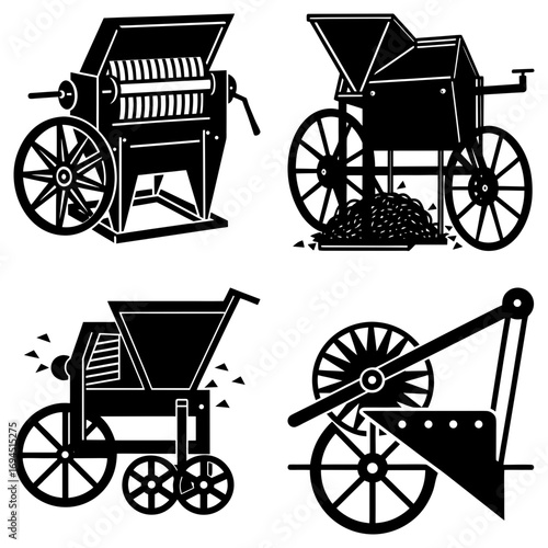 Four antique agricultural machines in black and white featuring wheels and various processing mechanisms