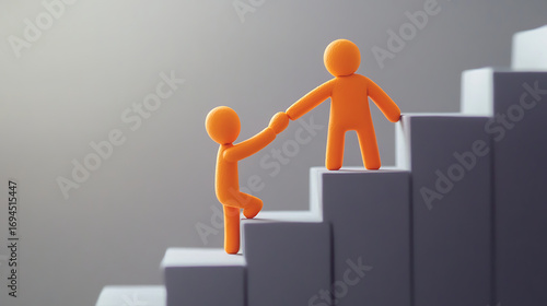 Orange figures climbing stairs with one helping the other to ascend up