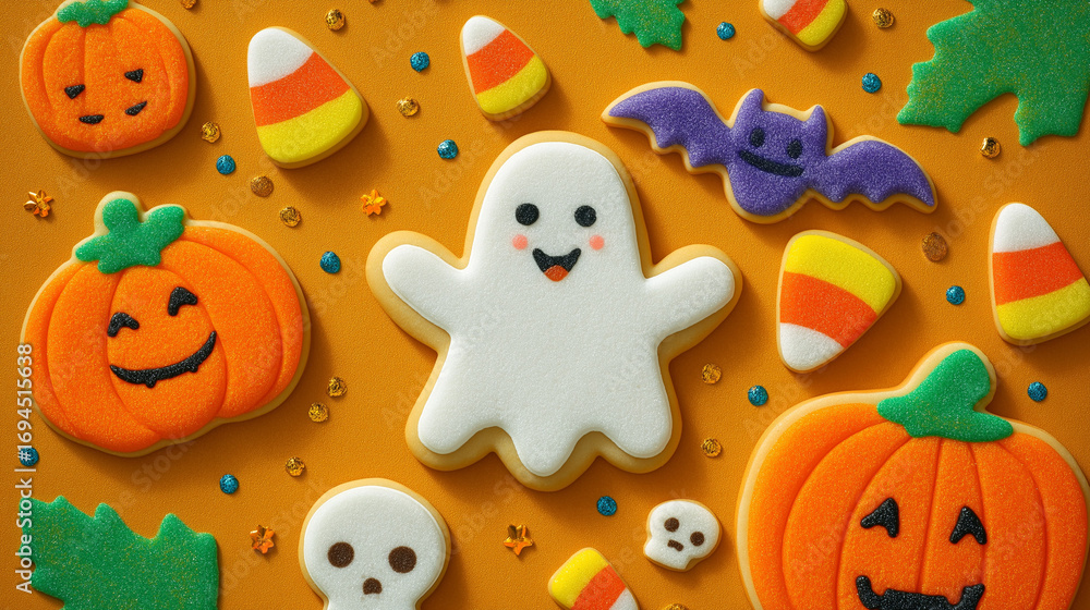 Fototapeta premium Halloween Sweet Treats Delight: An enticing top-down shot showcases a delightful ensemble of whimsical Halloween-themed cookies on an orange backdrop, perfect for evoking spooky festive glee.