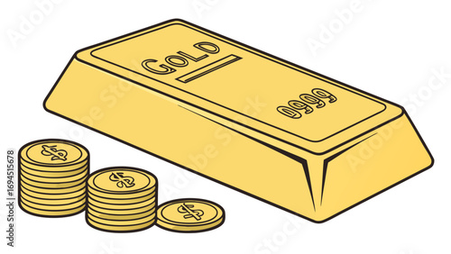 A solid gold bullion bar with stacks of gold coins featuring dollar signs in a clean graphic illustration