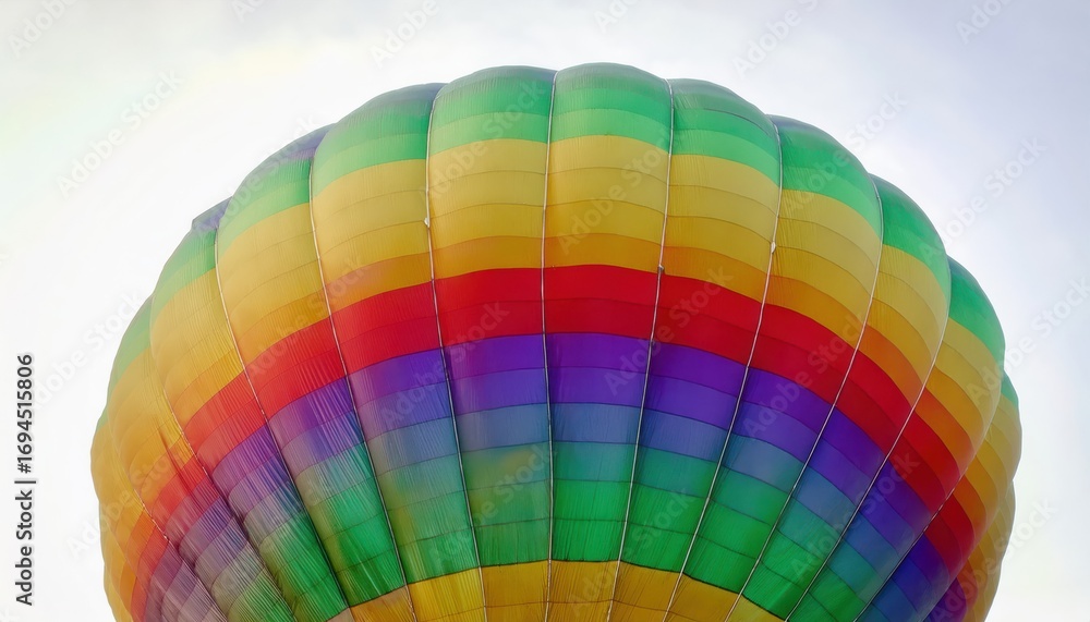 Obraz premium colorful hot air balloon from below vibrant rainbow stripes in the sky close up shot for travel or adventure backgrounds