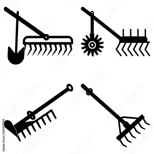 Illustration of four different types of agricultural tools for farming and gardening purposes on white background