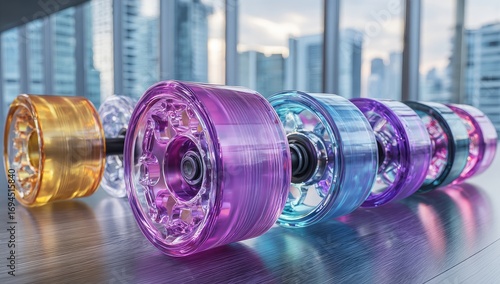 Colorful wheels, various hues, on wooden surface, city view