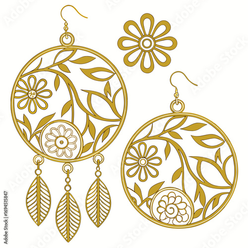 Elegant gold filigree circular earrings with floral and leaf motifs and a matching single flower embellishment